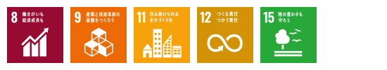 SDGsの8、9、11、12、15に対応
