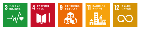 SDGsの3、4、9、11、12に対応