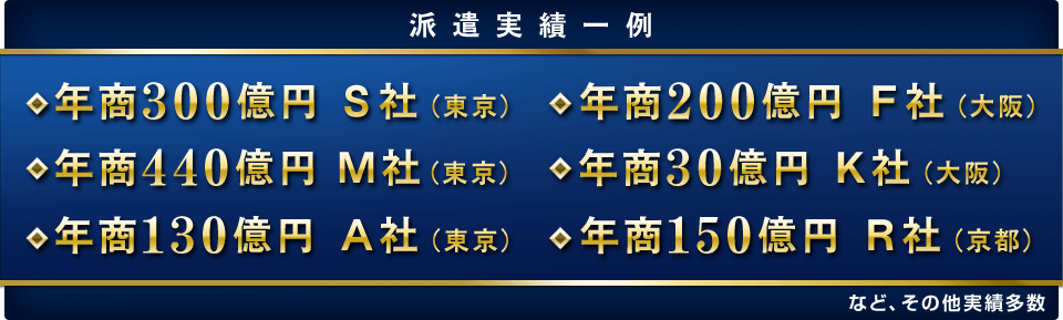 派遣実績一例…年商300億円 Ｓ社（東京）、年商200億円 Ｆ社（大阪）など